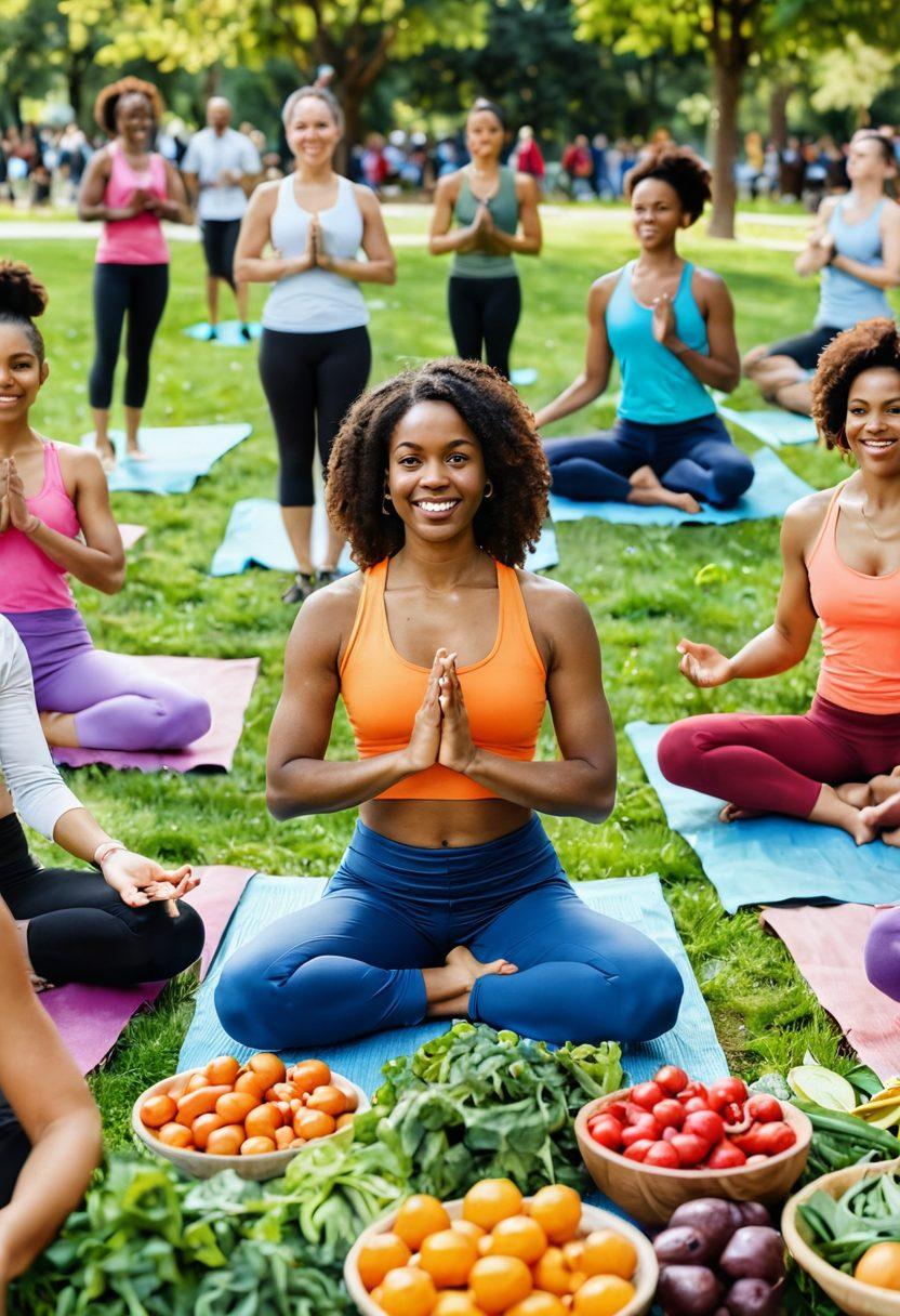 A vibrant community gathering featuring diverse individuals sharing budget-friendly healthy meal ideas and outdoor exercise activities. Include visuals of fresh vegetables, a yoga class in the park, and smiles all around, symbolizing empowerment and wellness. Add accent colors to represent vitality and hope. super-realistic. vibrant colors. community atmosphere.