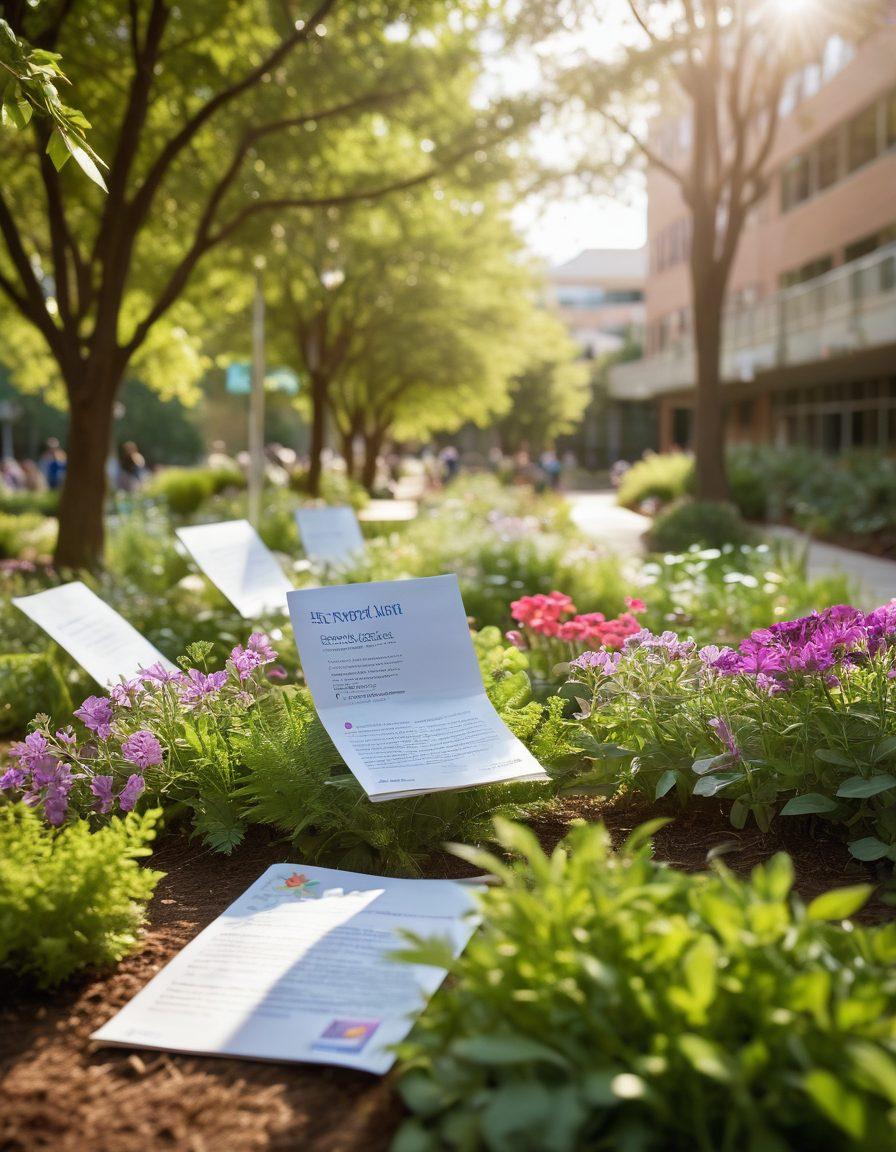 A serene hospital garden filled with diverse cancer patients and caregivers gathered around colorful resource tables showcasing pamphlets and support options. Sunlight filters through lush trees, highlighting a sense of hope and community. In the background, a soft-focus image of medical staff providing guidance and support, symbolizing teamwork. Include symbols of health like ribbons and herbs integrated into the scene. vibrant colors. soft focus. 3D.