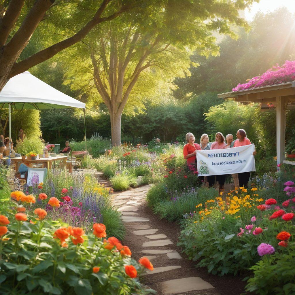A diverse group of empowered individuals in a serene community garden, sharing knowledge about cancer prevention strategies. Include a banner with the words 'Empowerment & Support' in bright colors. Show patients exchanging healthy recipes, gardening tips, and support resources, surrounded by lush greenery and colorful flowers. Soft sunlight filtering through the trees enhances the atmosphere of hope and community. super-realistic. vibrant colors. warm light.